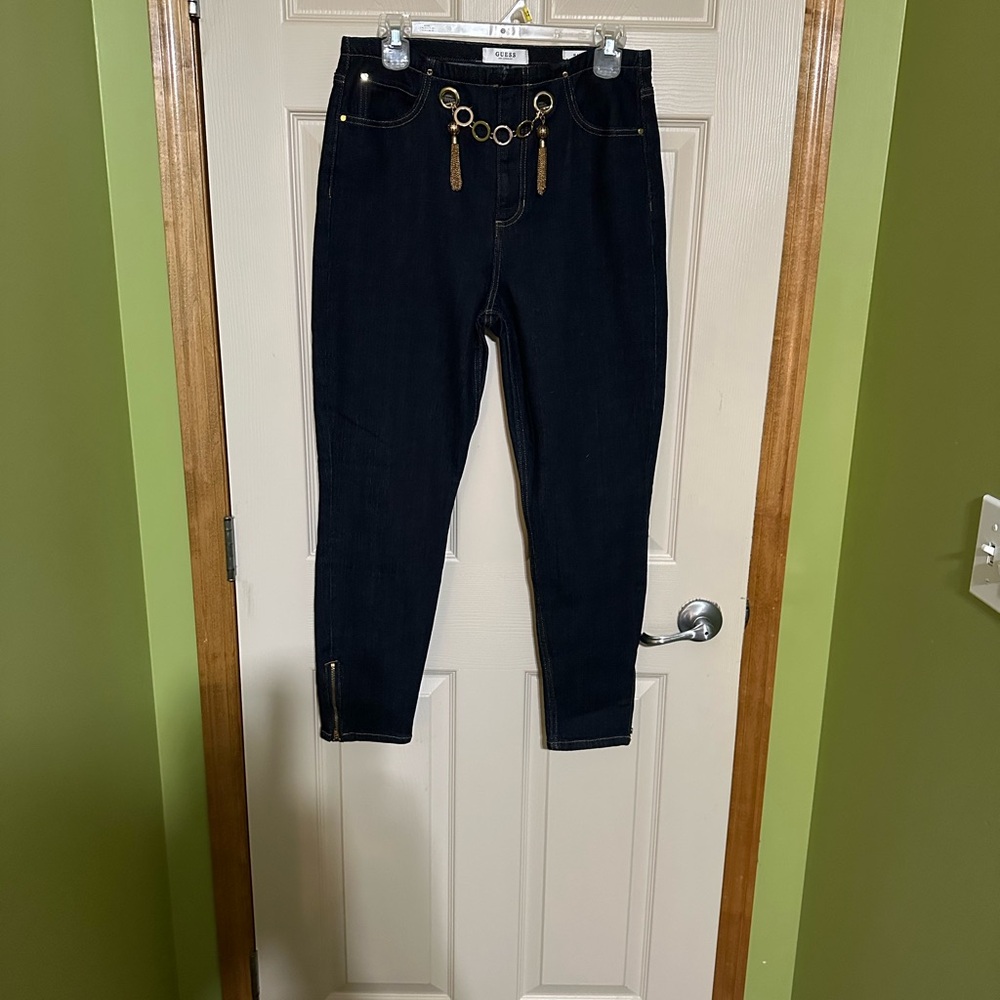 Guess dark Blue Denim Jeans with Gold Chain Accent